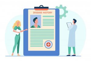 Doctors analyzing patients disease history. Practitioner work, physician job, diagnosis. Flat vector illustration. Medicine, hospital, treatment concept for banner, website design or landing web page