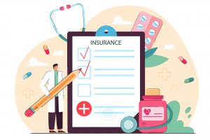 Tiny doctor giving health insurance. Hospital man with pencil filling in medical form flat vector illustration. Healthcare, money security concept for banner, website design or landing web page